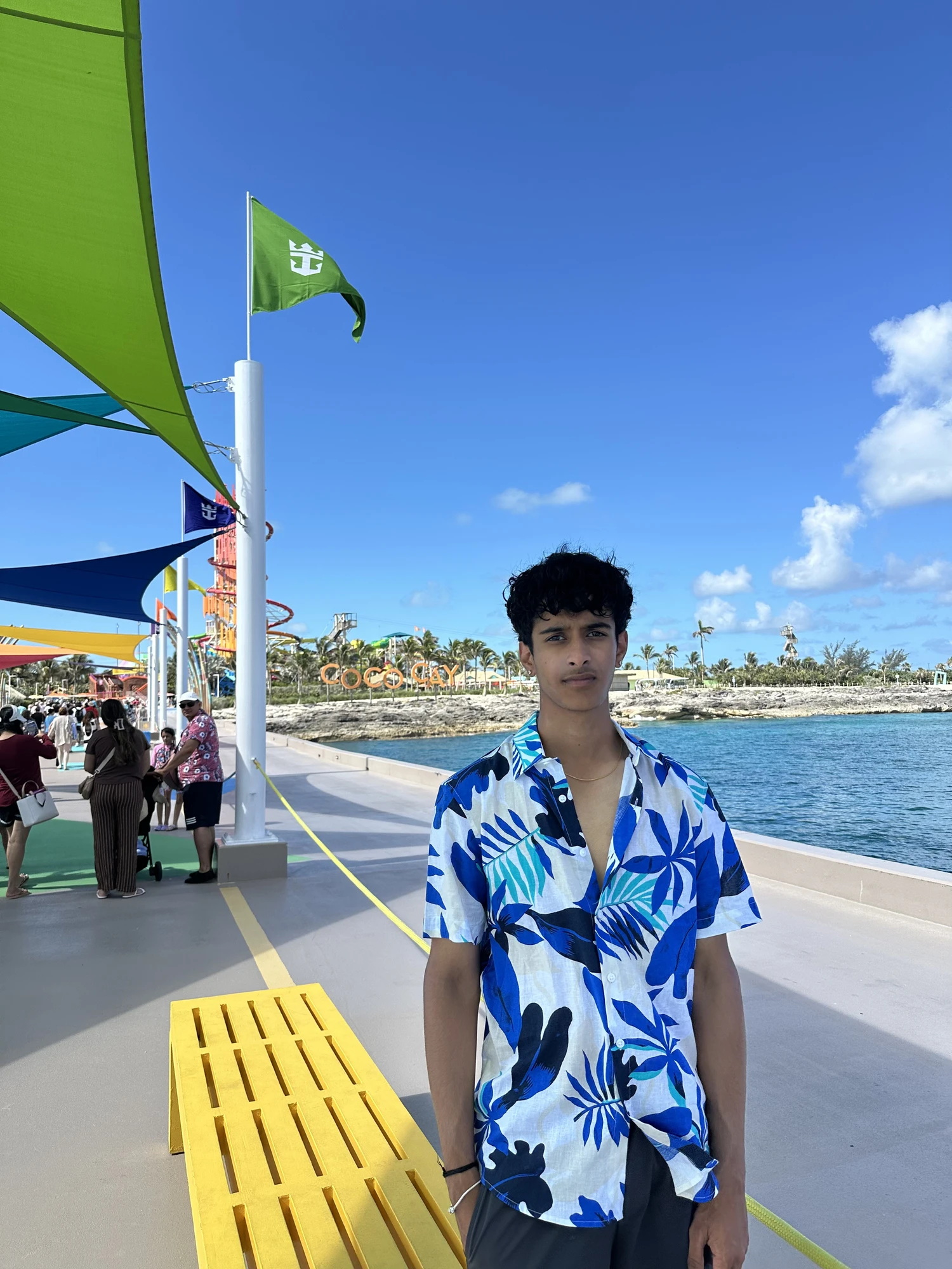 Dev on a beach boardwalk on a sunny day